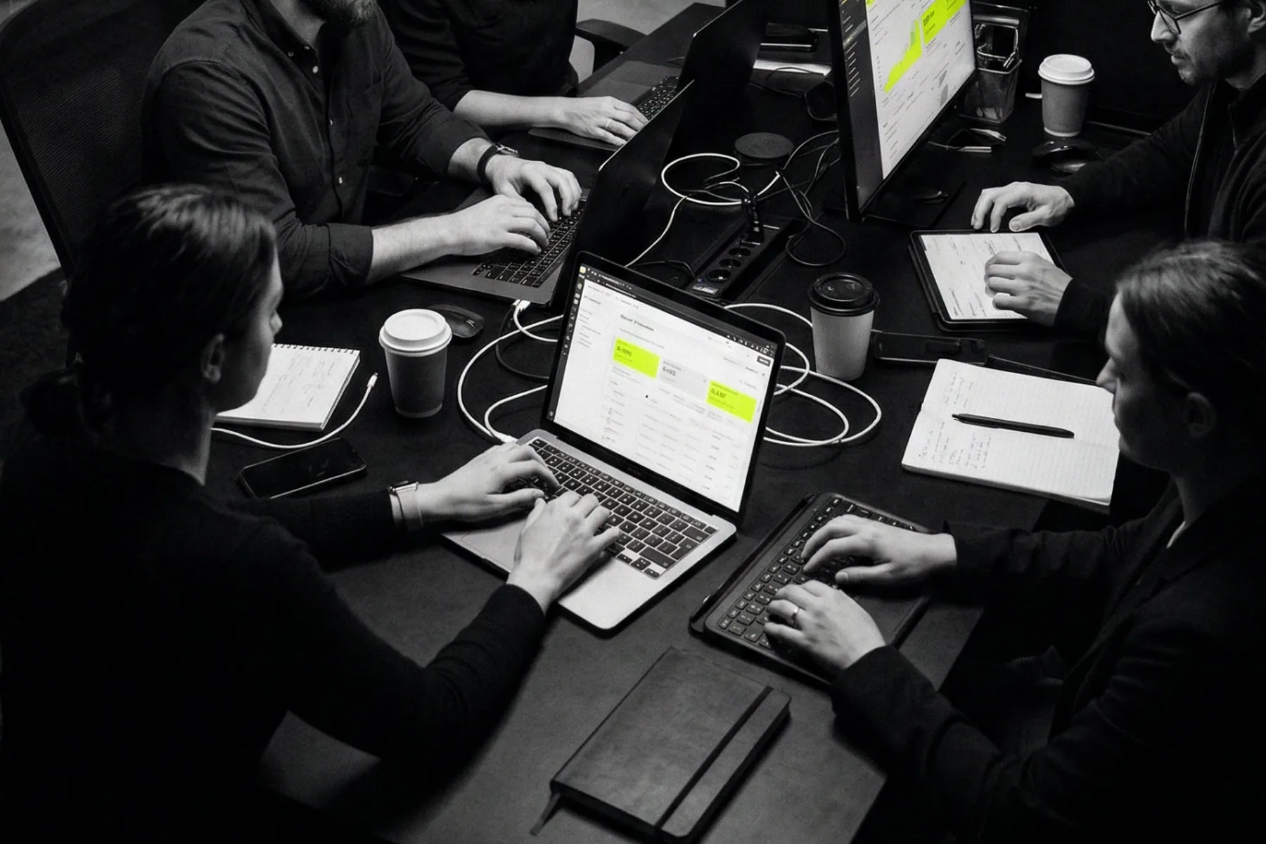 A campaign team working late at a long desk, laptops and dashboards open in front of them.