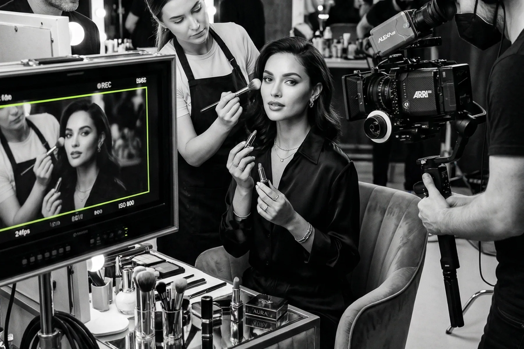 A beauty campaign being filmed on set. Hair and make-up finish the talent between takes while the camera operator watches the monitor.