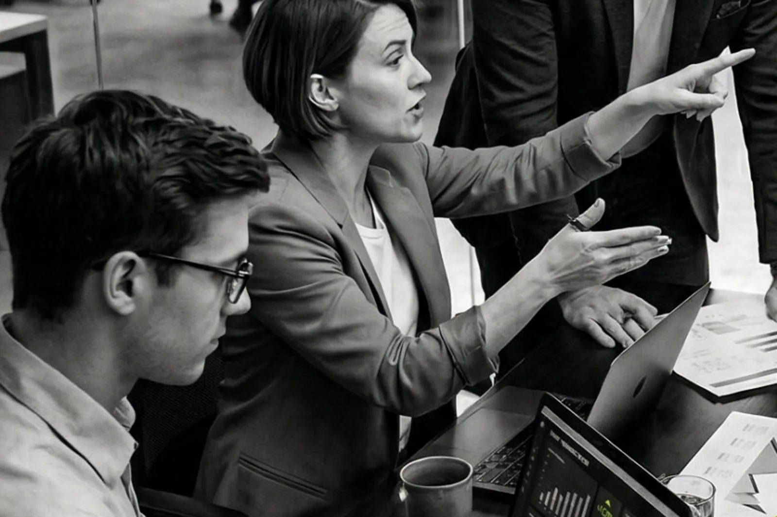 Two people working through a plan over a laptop in a meeting room, notes and printouts across the table.
